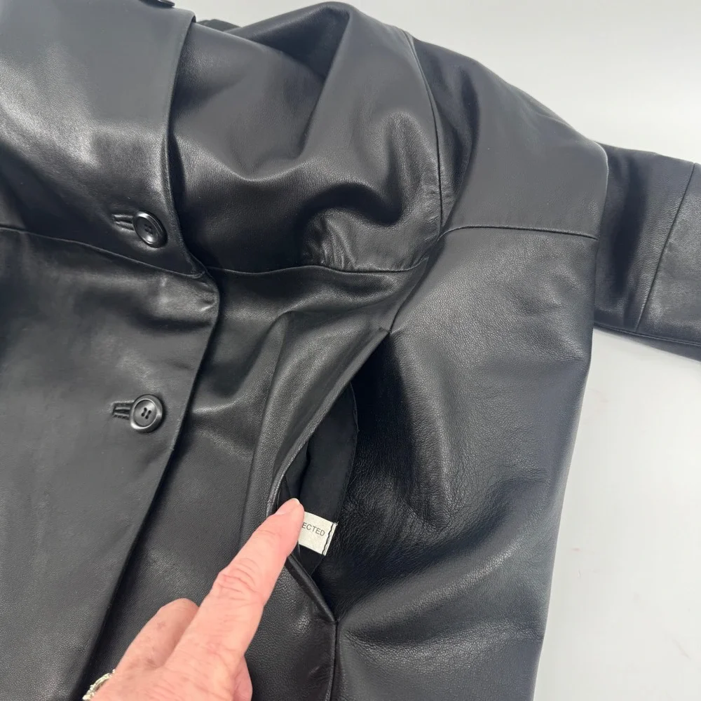 Brooks Brothers 346 Leather Overcoat Mens XL Black Button Front Lightweight Coat